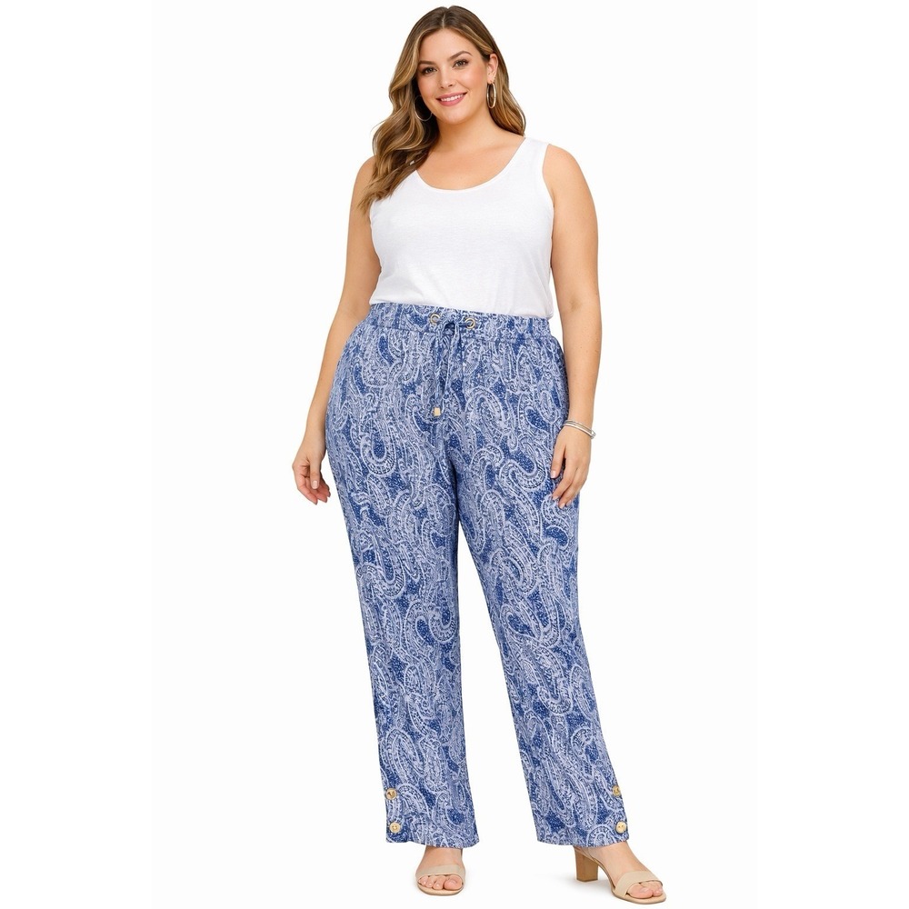 Michael Kors Women L Blue Paisley Drawstring Elastic Waist Casual Pants